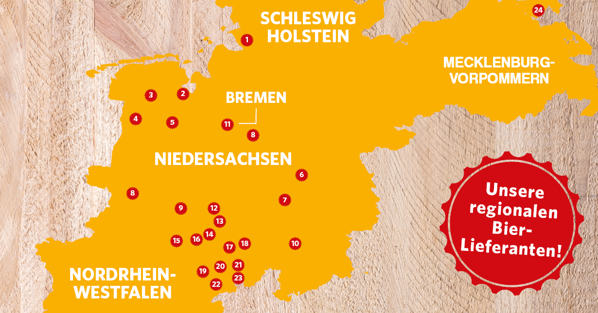 Karte mit den Standorten der regionalen Brauereien in Norddeutschland